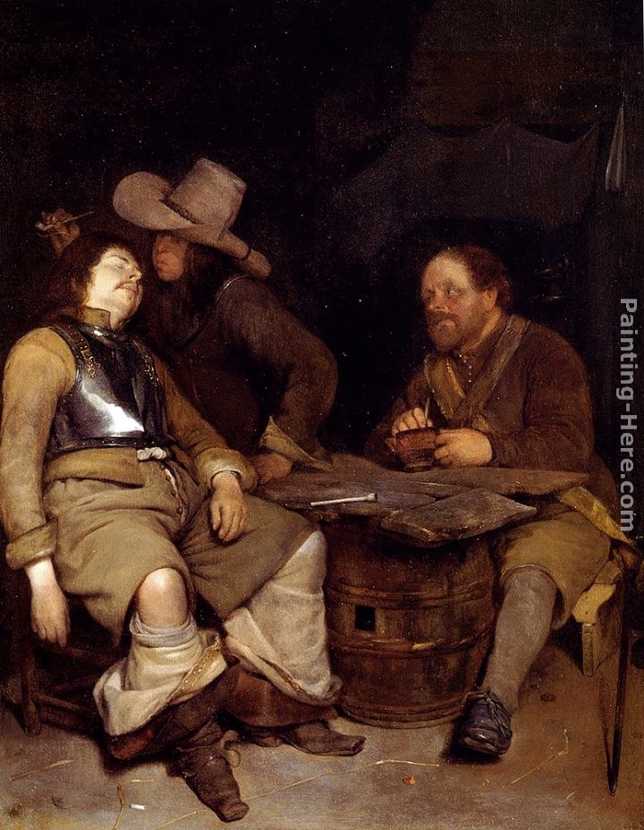 Gerard ter Borch A Guard Room Interior, With A Soldier Blowing Smoke In The Face Of His Sleeping Companion, A Third Looking On